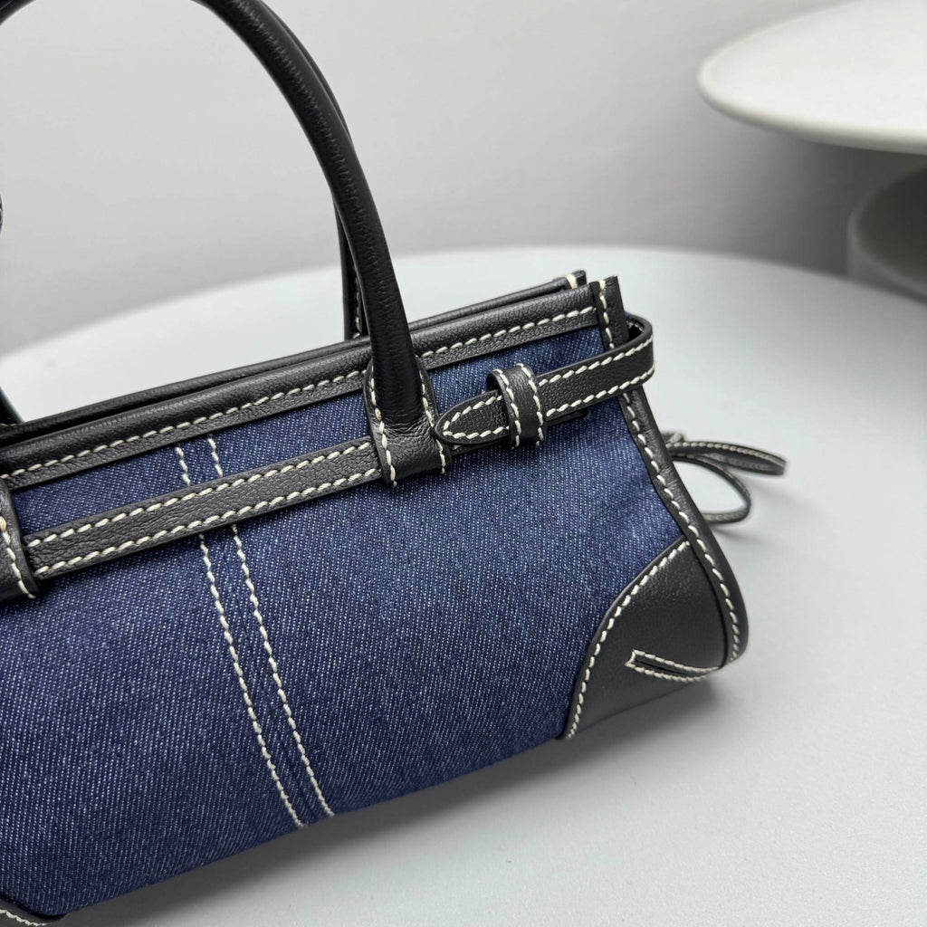 PRADA Women's Bonnie French Triangle Metal Logo Classic Versatile Mixed Materials Handbag Mini Women's Blue And Brown #332335