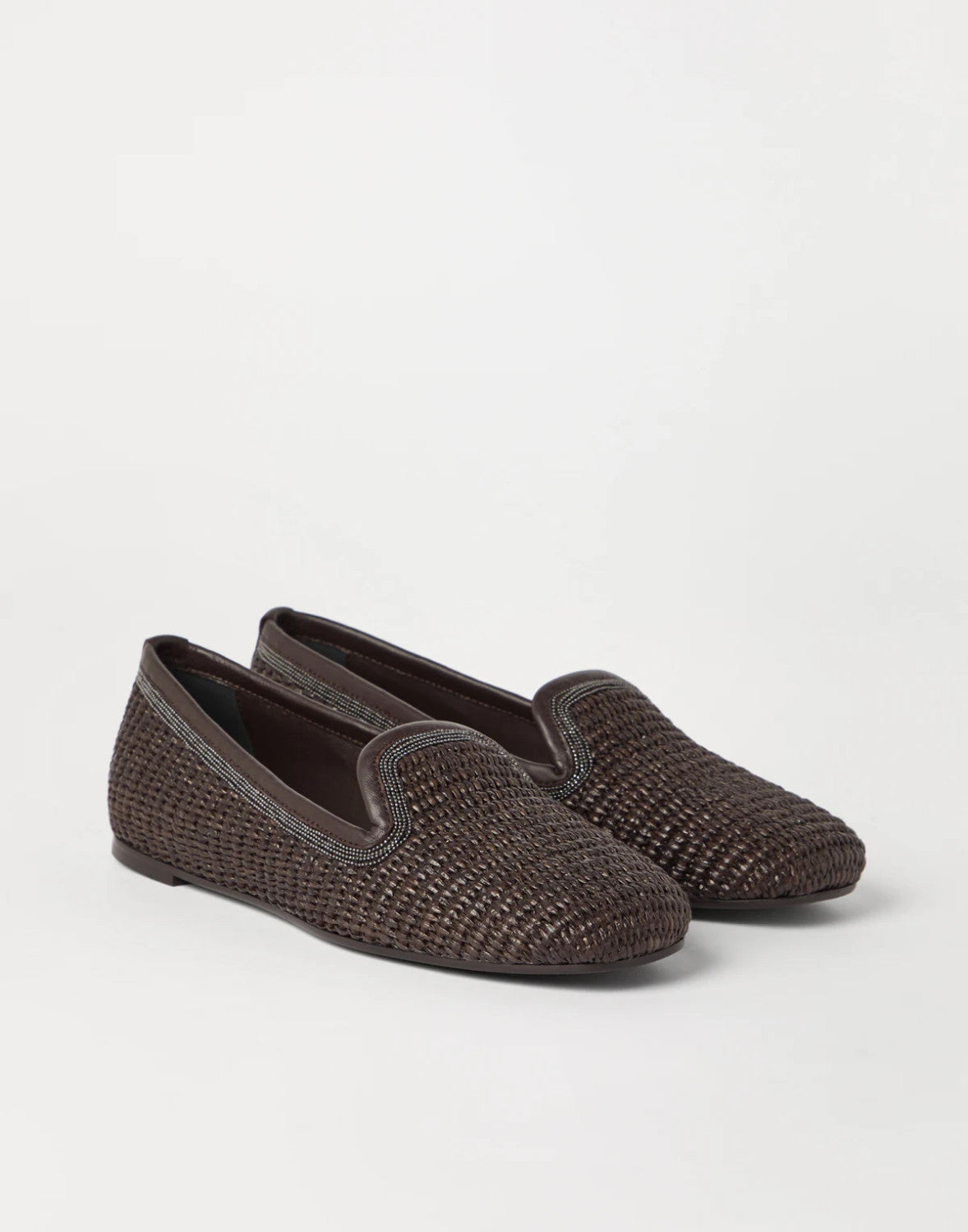 Brunello Cucinelli Women's Techno Raffia Slippers With Precious Trim Round Toe Solid Color Single Shoes Sheepskin Tassel Embellished Four Seasons Casual Flats Shoes Ngvp #1537