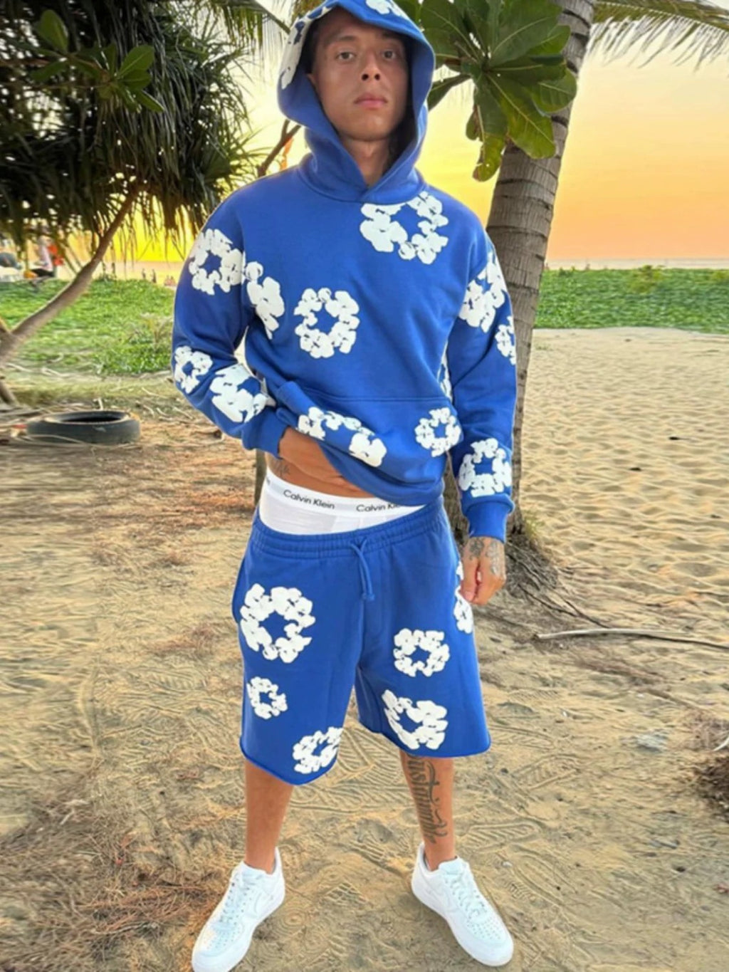 Denim Tears Men's Women's Spring & Autumn Floral Print Pocket Long Sleeve Solid Color Fit Cotton Hooded Sweatshirt Ngvp #8853