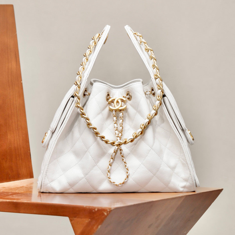 Chanel Women's Fashion Classic Solid Color Leather Logo Drawstring Underarm Bag Chain Handbag Tote Shoulder Bag Bags AS5293-B20304-U2367 Metallic-colored Leather Tends To Fade Easily #78855