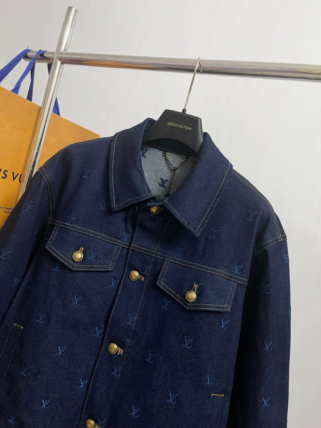 Louis Vuitton Men's Spring And Autumn Logo Embroidery Color Line Single Breasted Denim Long Sleeved Jacket Jeans Pants Set Suit #75393