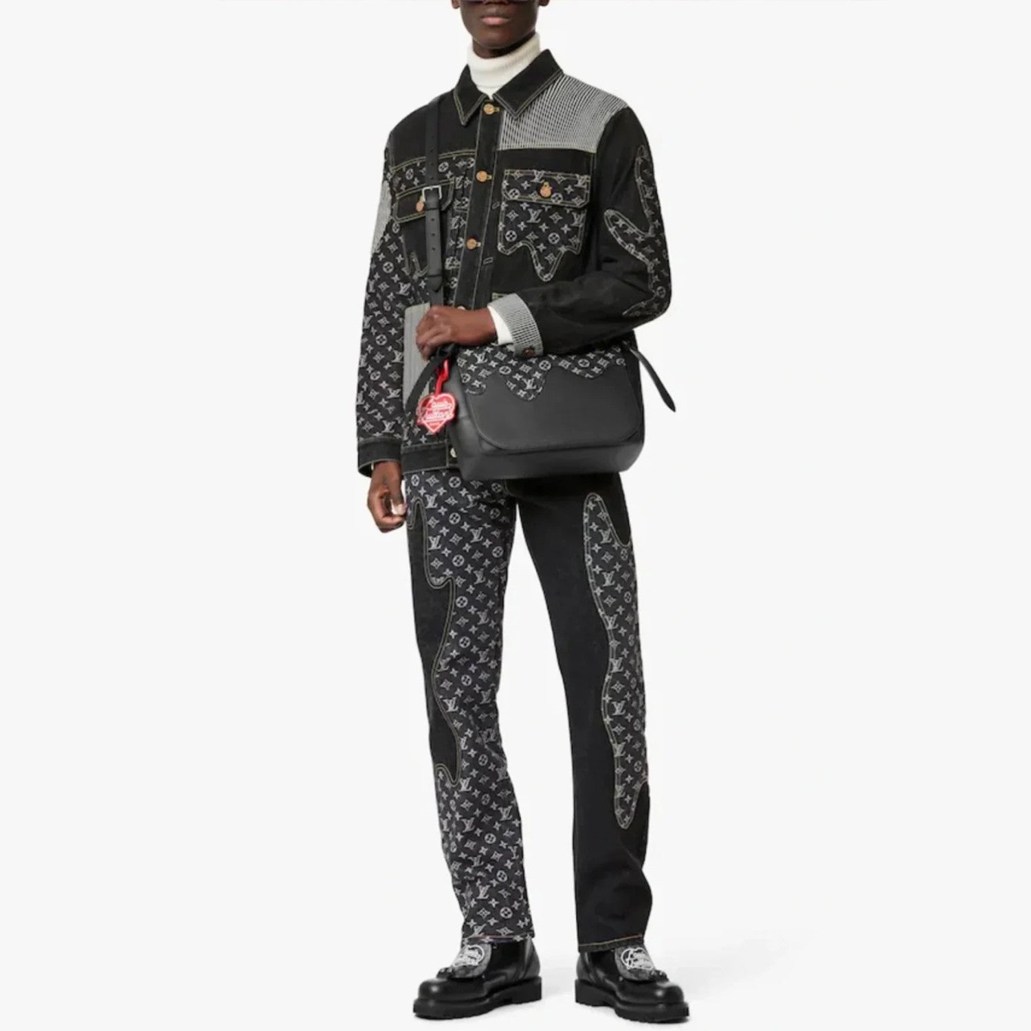 Louis Vuitton X 2 Collaboration Men's Spring And Summer Structural Splicing Monogram Flower Denim Pants Fashionable Casual Wide Leg Pants #71849
