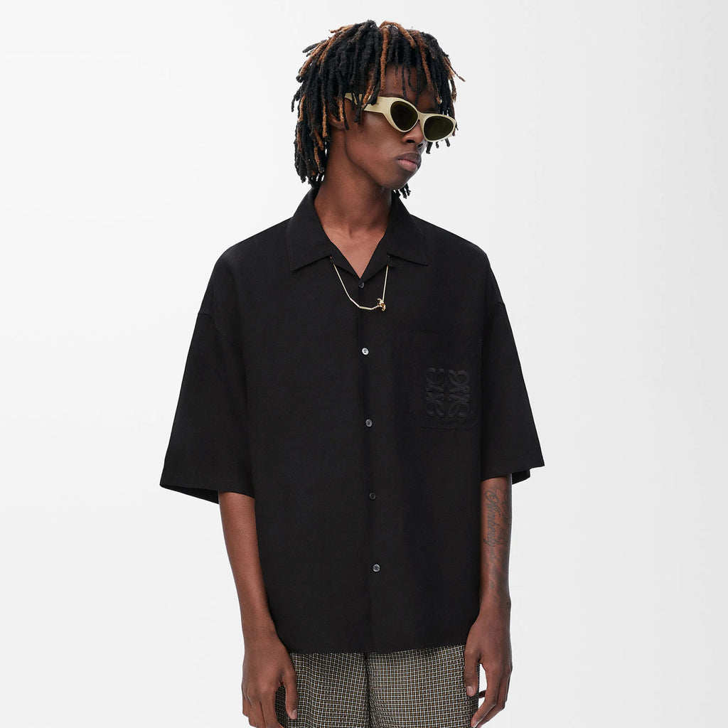 Loewe Men's Summer Solid Colour Embroidered Logo Printed Linen Single Breasted Short Sleeve Shirt #76797