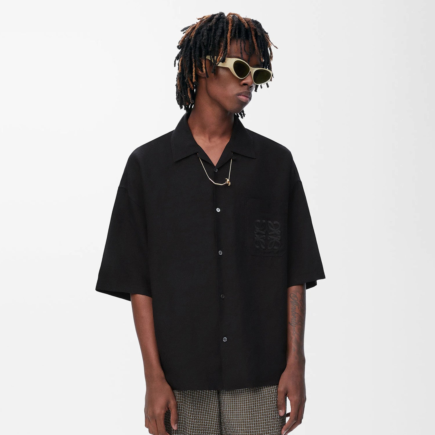 Loewe Men's Summer Solid Colour Embroidered Logo Printed Linen Single Breasted Short Sleeve Shirt #76797