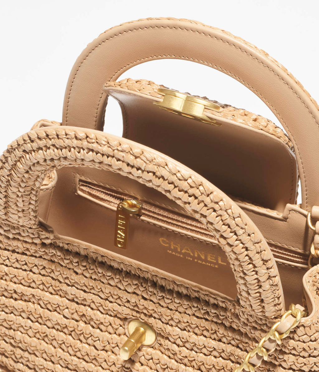 Chanel Mini Shopping Bag Braided Raffia Gold Tone Metal Dark Beige #335258