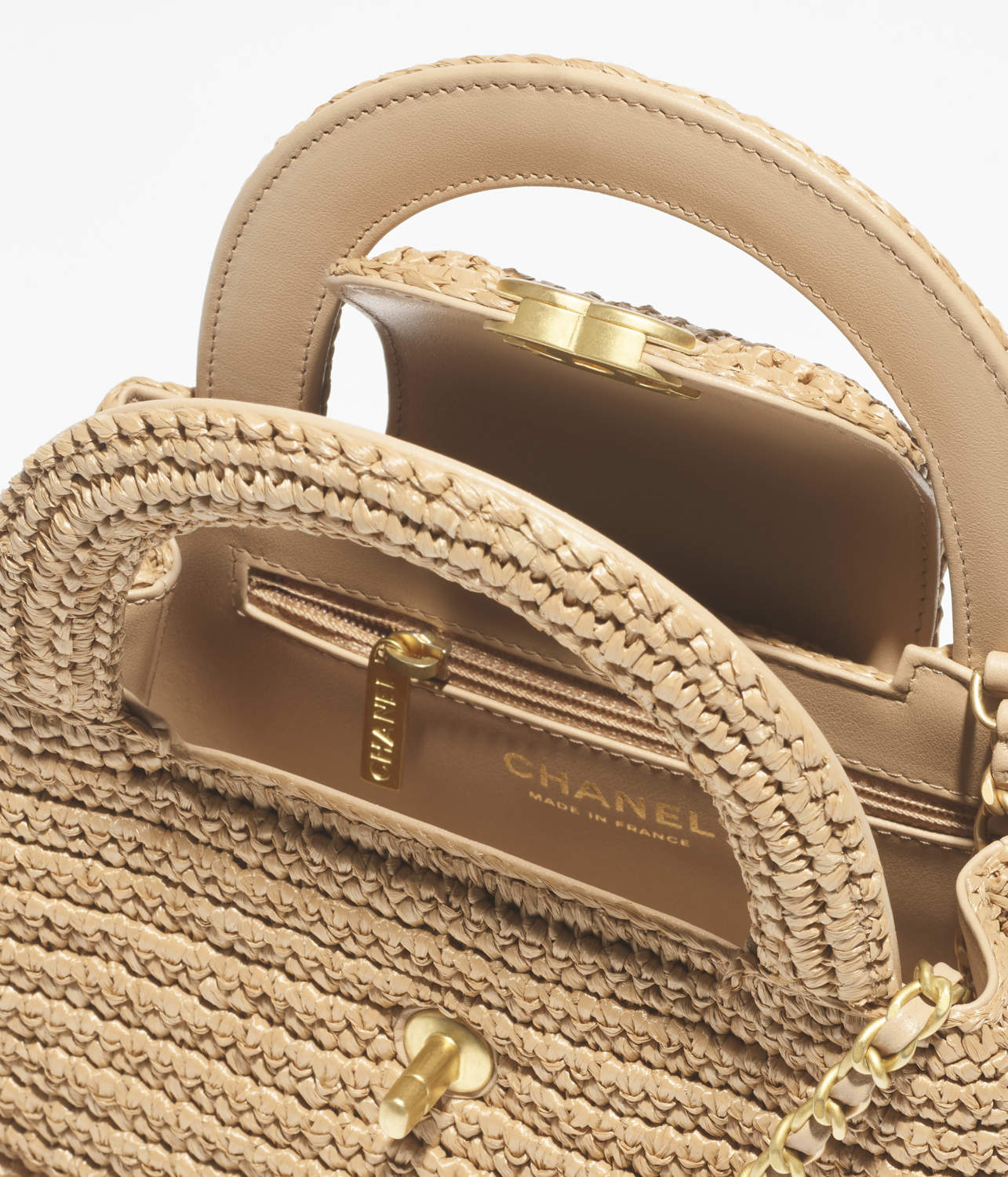 Chanel Mini Shopping Bag Braided Raffia Gold Tone Metal Dark Beige #335258