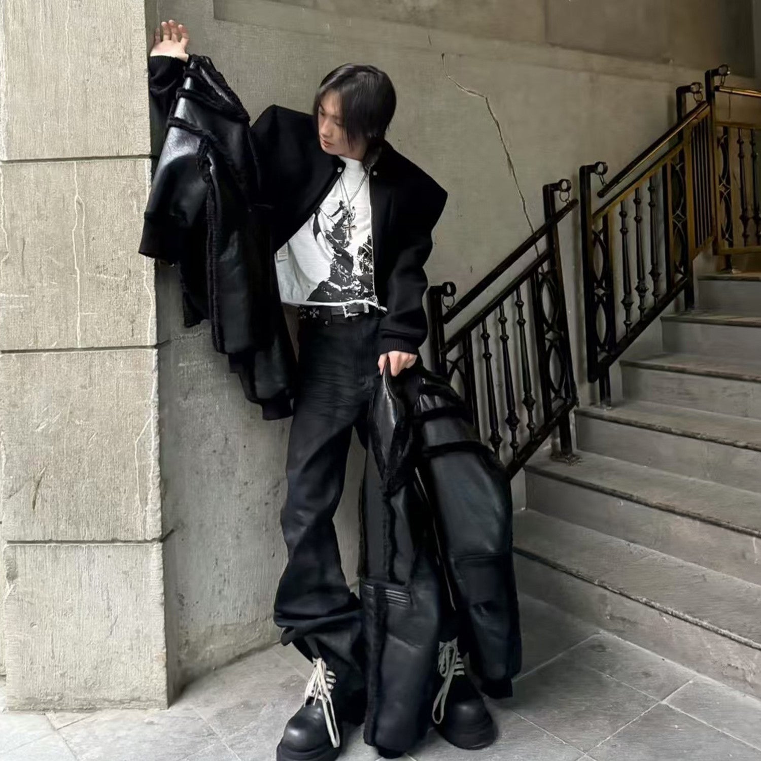 Rick Owens Ro Fur One Autumn And Winter New Fashion Splicing Leather Jacket Coat High Street Trend Hip Hop Dark Style Warm Coat Ngvp #9719
