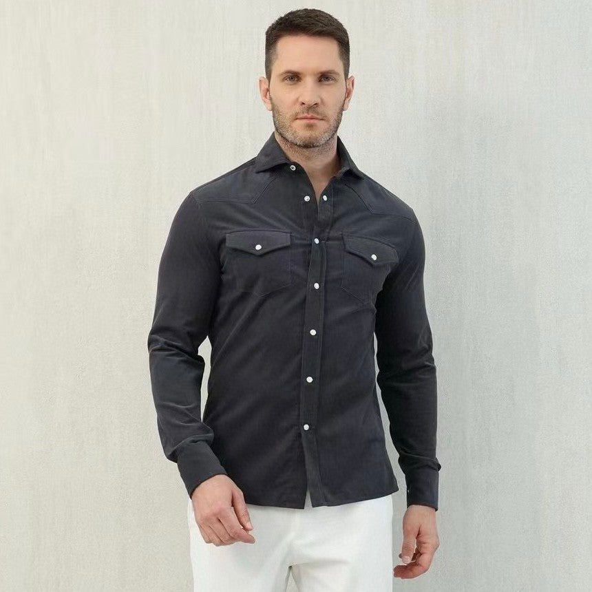 Brunello Cucinelli Men's Spring And Fall Cotton Lapel Solid Color Single-Breasted Chest Pocket Long Sleeve Fitted Shirt Ngvp #1557