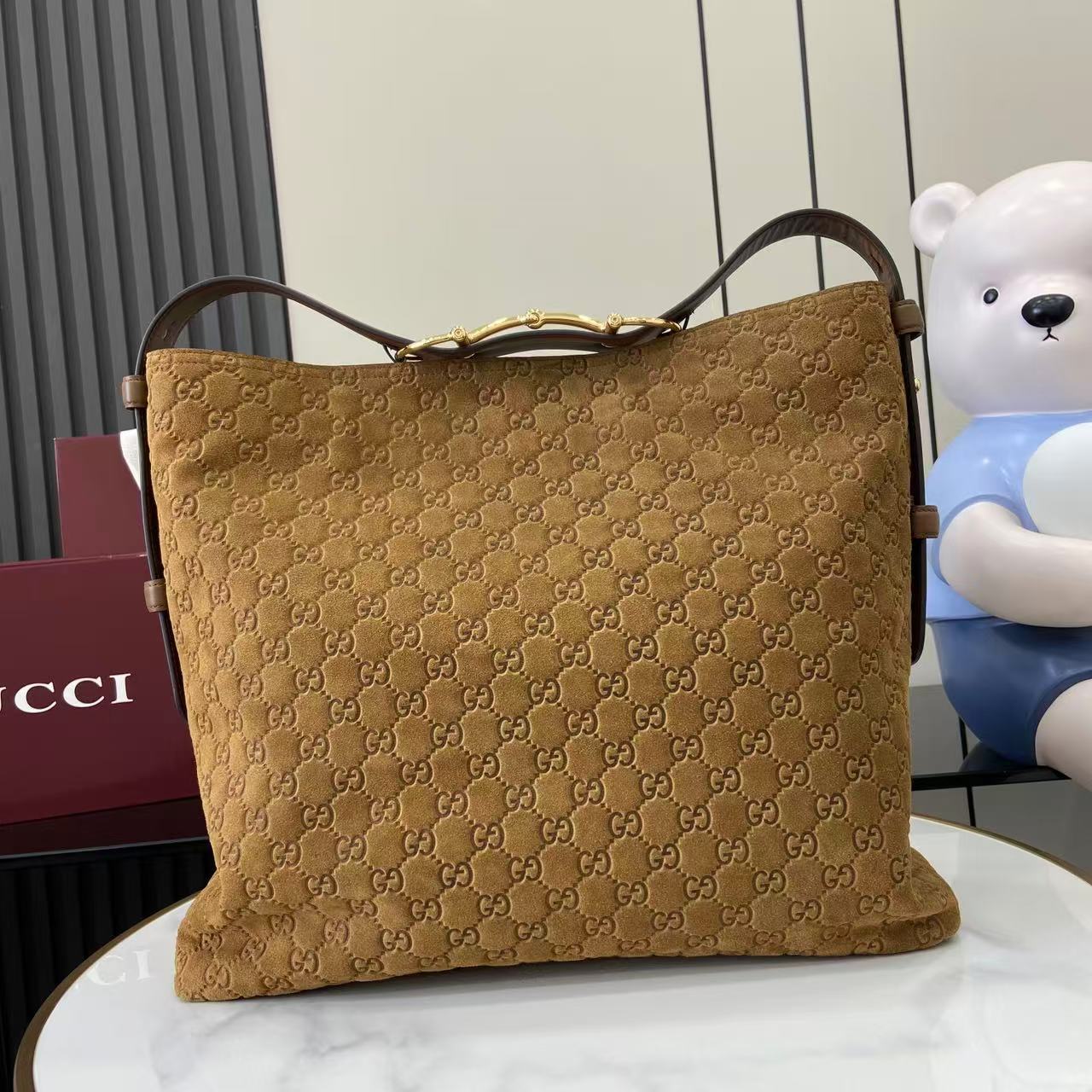 Gucci Beatrix Large Tote Bag Brown Gg Suede Material Gold Horseneck Buckle Shoulder Backpack Exquisite And Elegant Women's Bags #193451