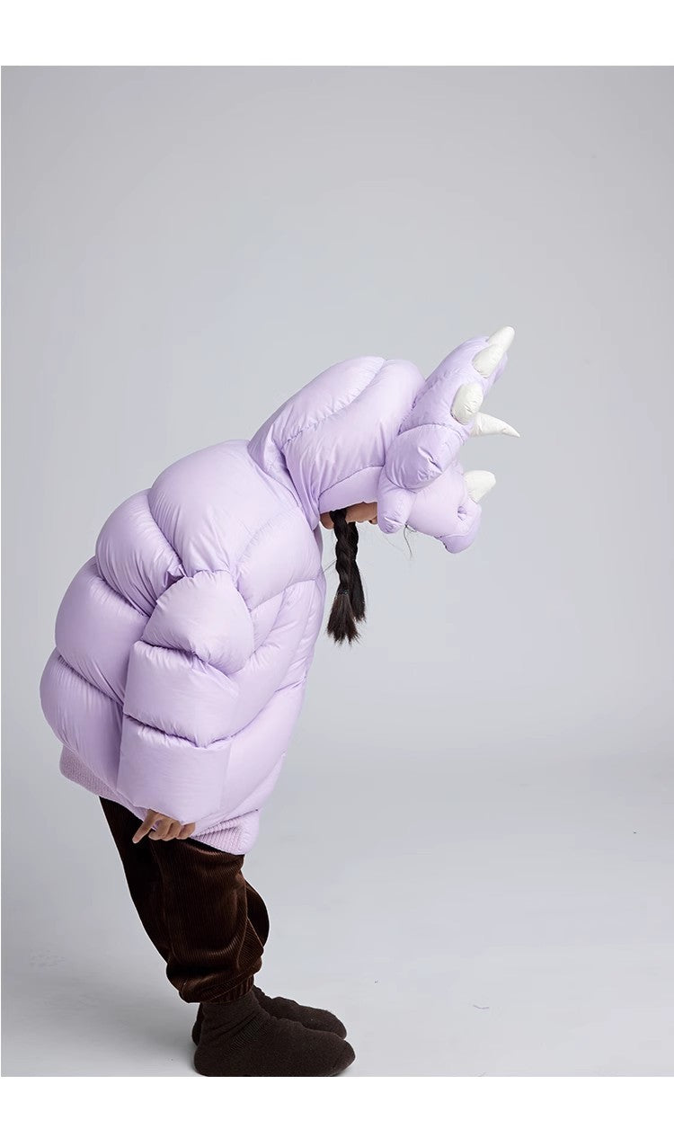 Kid's Autumn And Winter Solid Color Triceratops Jacket Thickened Short Zipper Loose Hooded Puffer Down Jacket #31322
