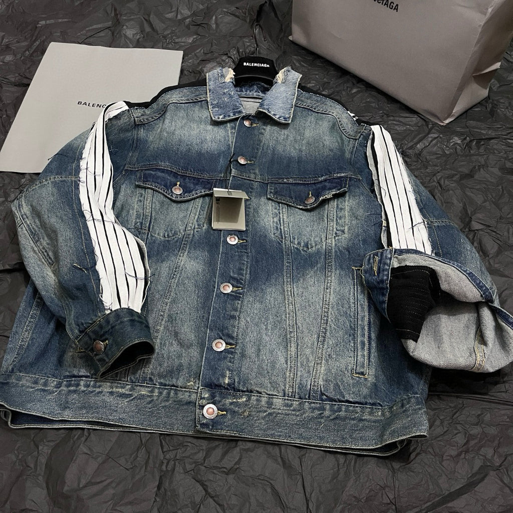 Balenciaga CUT-UP Men's Spring/autumn Fashion Casual Striped Single Breasted Pocket Striped Long Sleeved Collared Loose Fitting Denim Jacket #78365