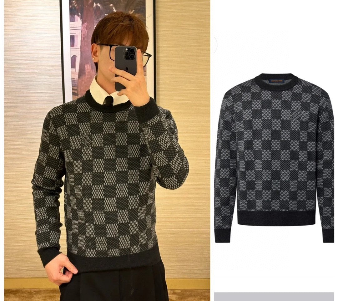 Louis Vuitton Men's Spring and Autumn Black Checkerboard Print Logo Pattern Round Neck Long Sleeve Sweater #73789