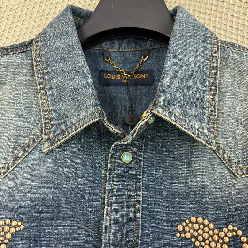 Louis Vuitton Men's Spring And Fall Cotton Logo Rivets Embellished Single-Breasted Slim Long-Sleeved Blue Denim Shirt #71621