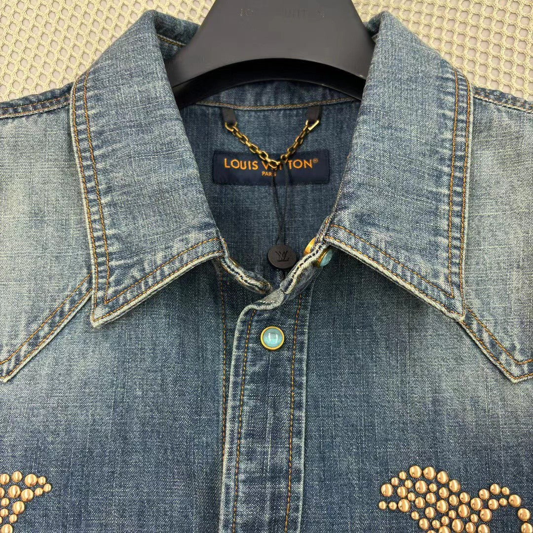 Louis Vuitton Men's Spring And Fall Cotton Logo Rivets Embellished Single-Breasted Slim Long-Sleeved Blue Denim Shirt #71621