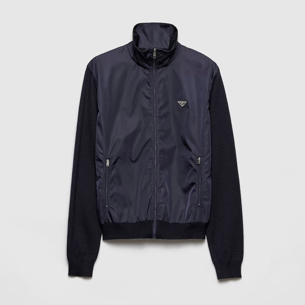Prada Men's Spring/Fall Fashion Casual High Neck Zipper Triangle Logo Knit Patchwork Nylon Jacket #79173