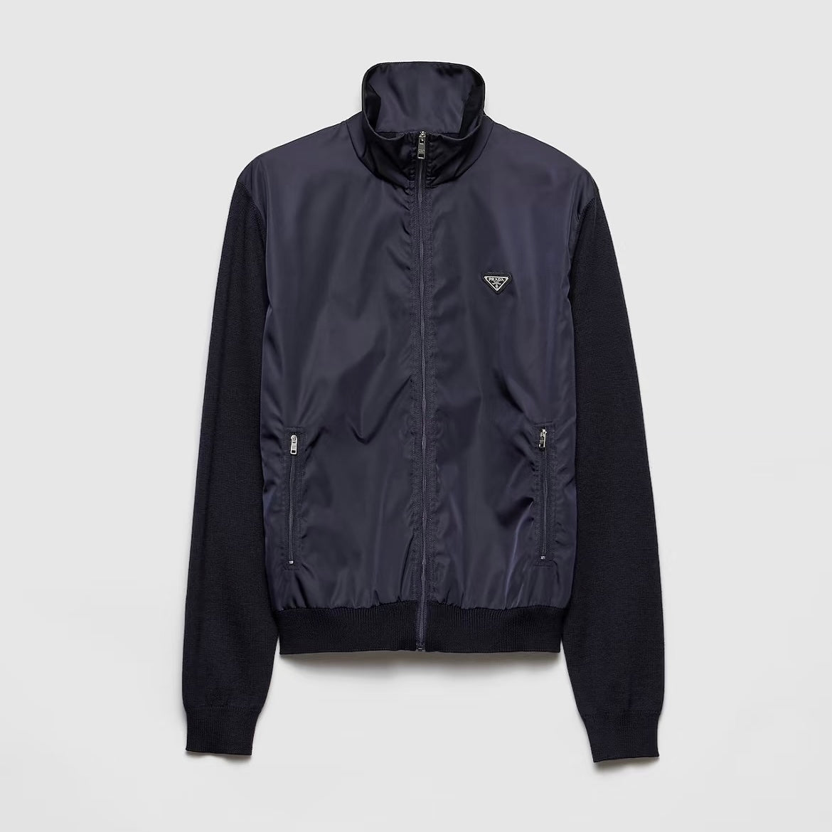 Prada Men's Spring/Fall Fashion Casual High Neck Zipper Triangle Logo Knit Patchwork Nylon Jacket #79173