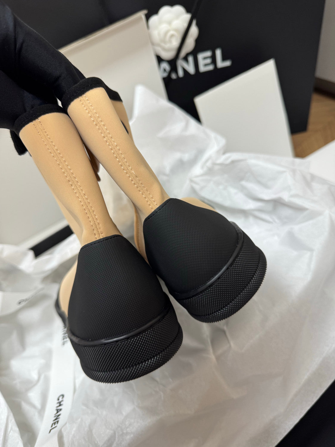 CHANEL Short Boots Mixed Fibers Rubber Beige Black #387573