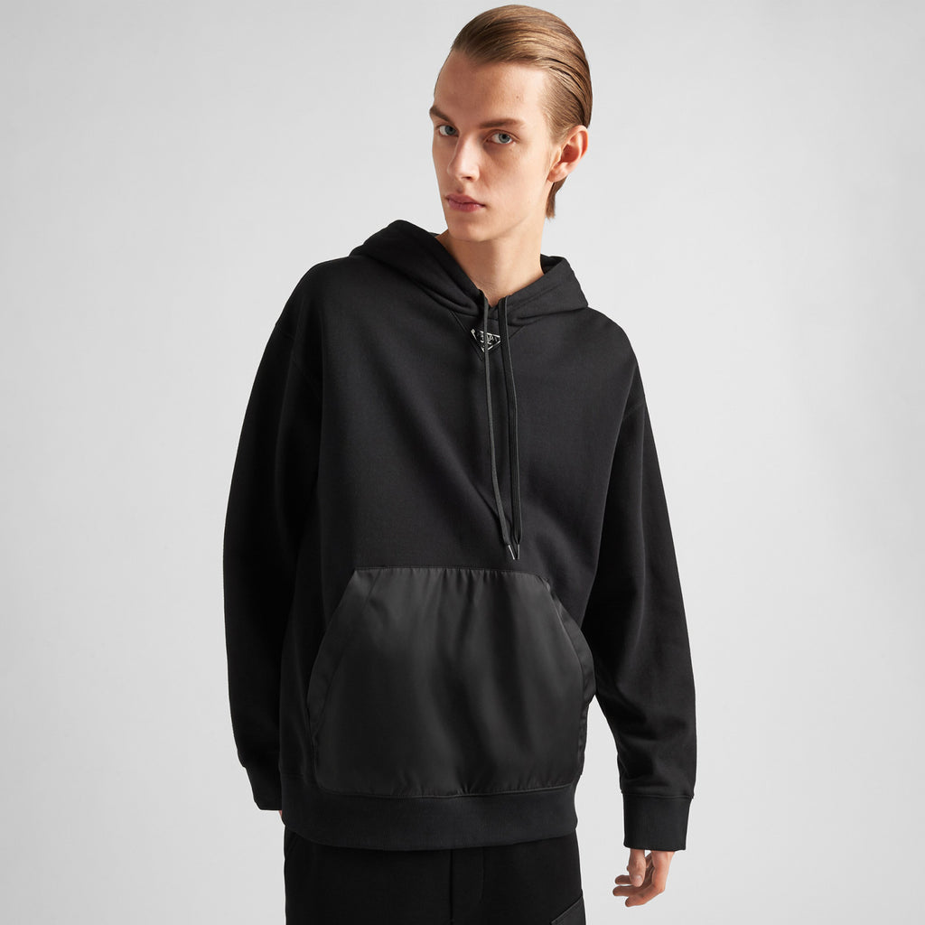 Prada Men's Spring and Fall Triangle Metal Label Black Cotton Hooded Drawstring Loose Sweatshirt Pullover #73284