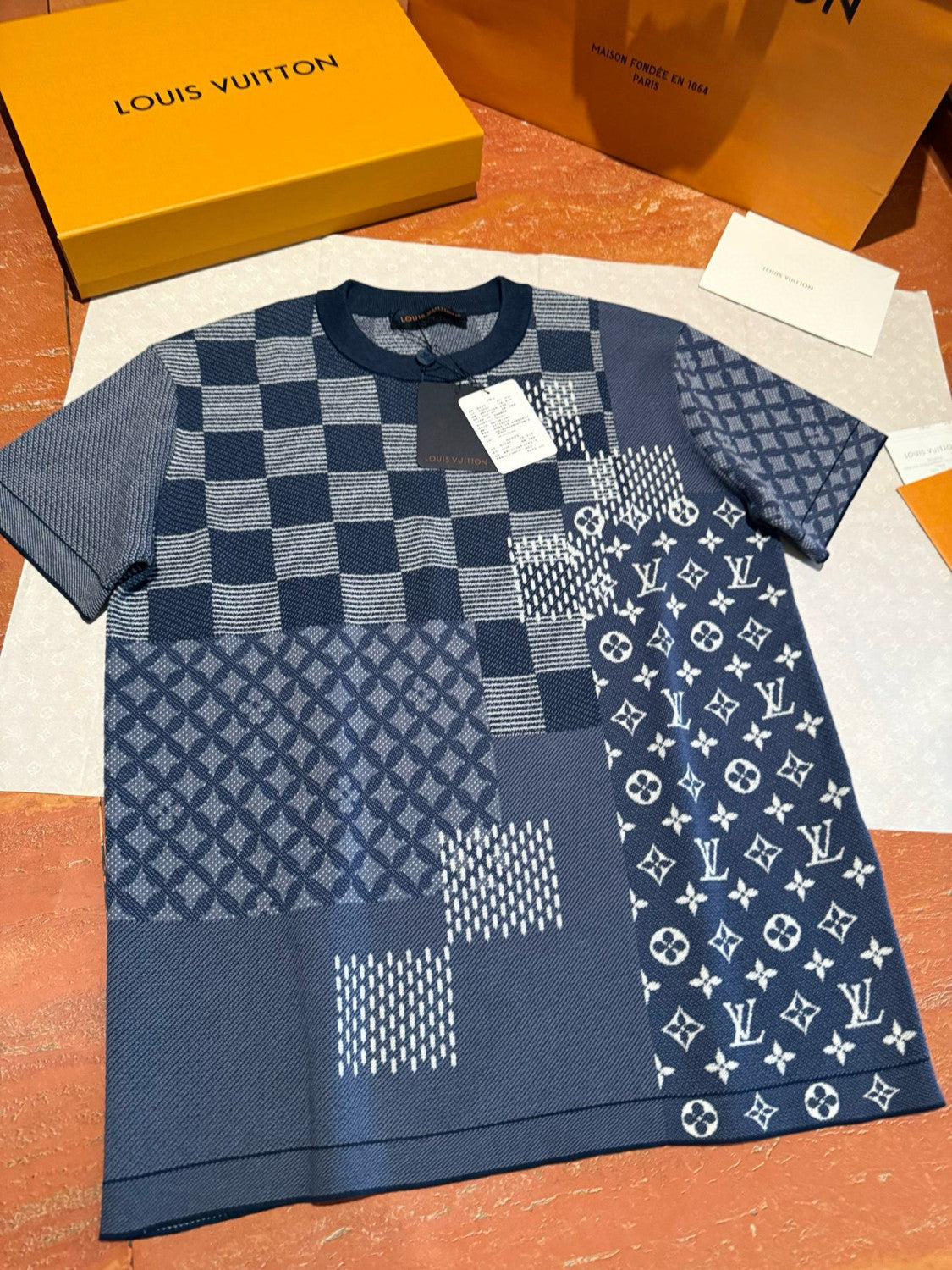 Louis Vuitton x Men's Letter Print Plaid Knit Summer Crew Neck Short Sleeve Solid Color T-Shirt #81354