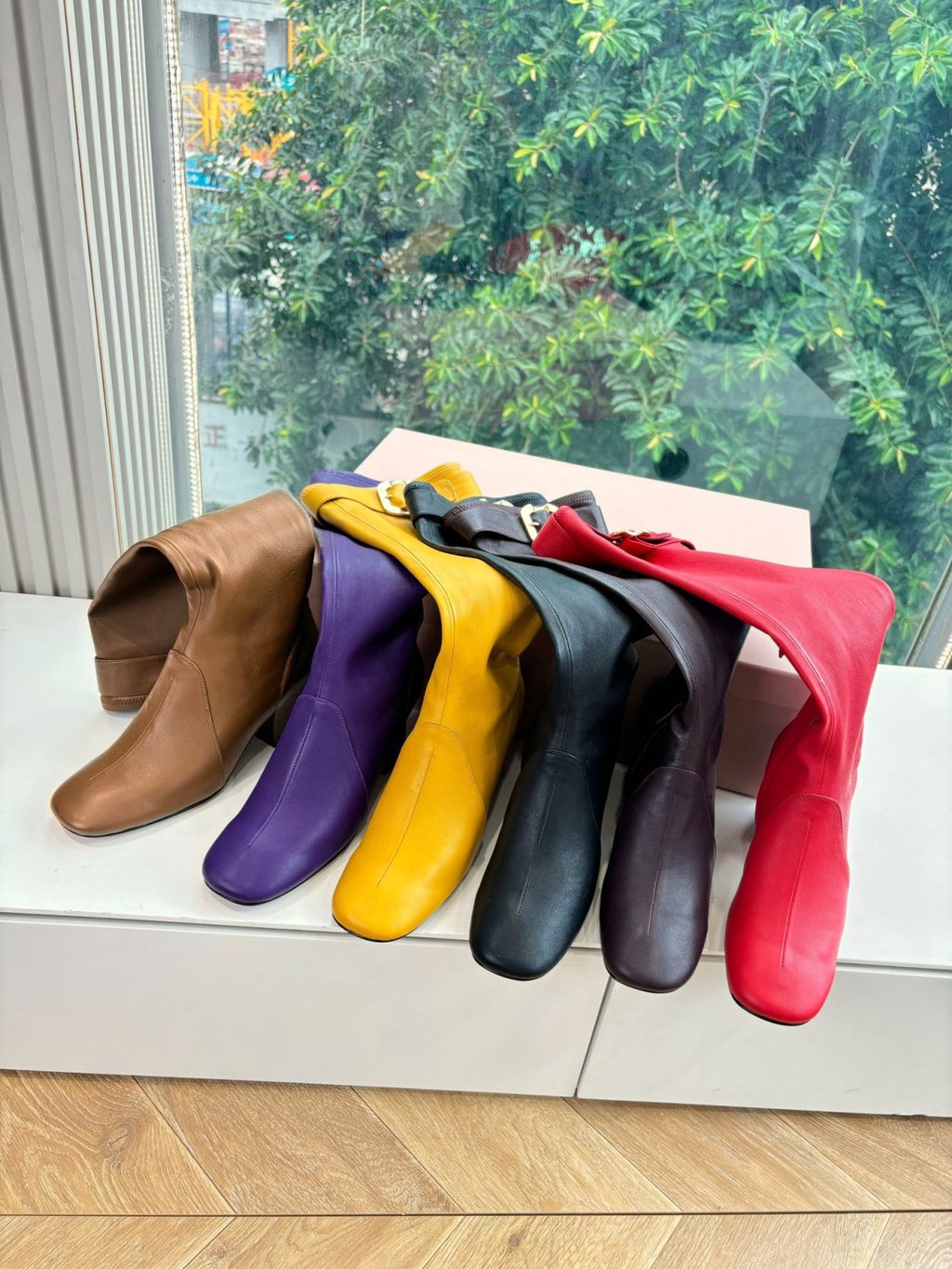 MiuMiu Women's Spring/Fall Fashion Classic Round Toe Cuffed Chunky Heel Solid Color Leather Long Boots Shoes#78718