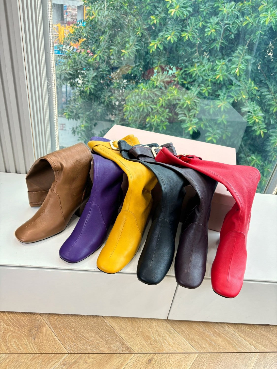 MiuMiu Women's Spring/Fall Fashion Classic Round Toe Cuffed Chunky Heel Solid Color Leather Long Boots Shoes#78718