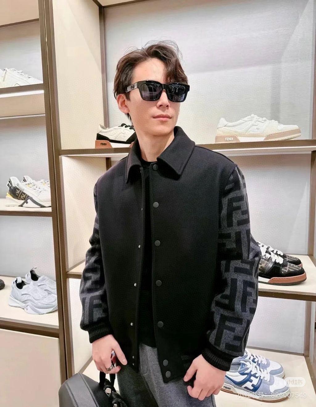 Fendi Men's Autumn/Winter Turn-Down Collar Single-Breasted Printed Long-Sleeved Baseball Jacket Black Wool Pilot Jacket #81496