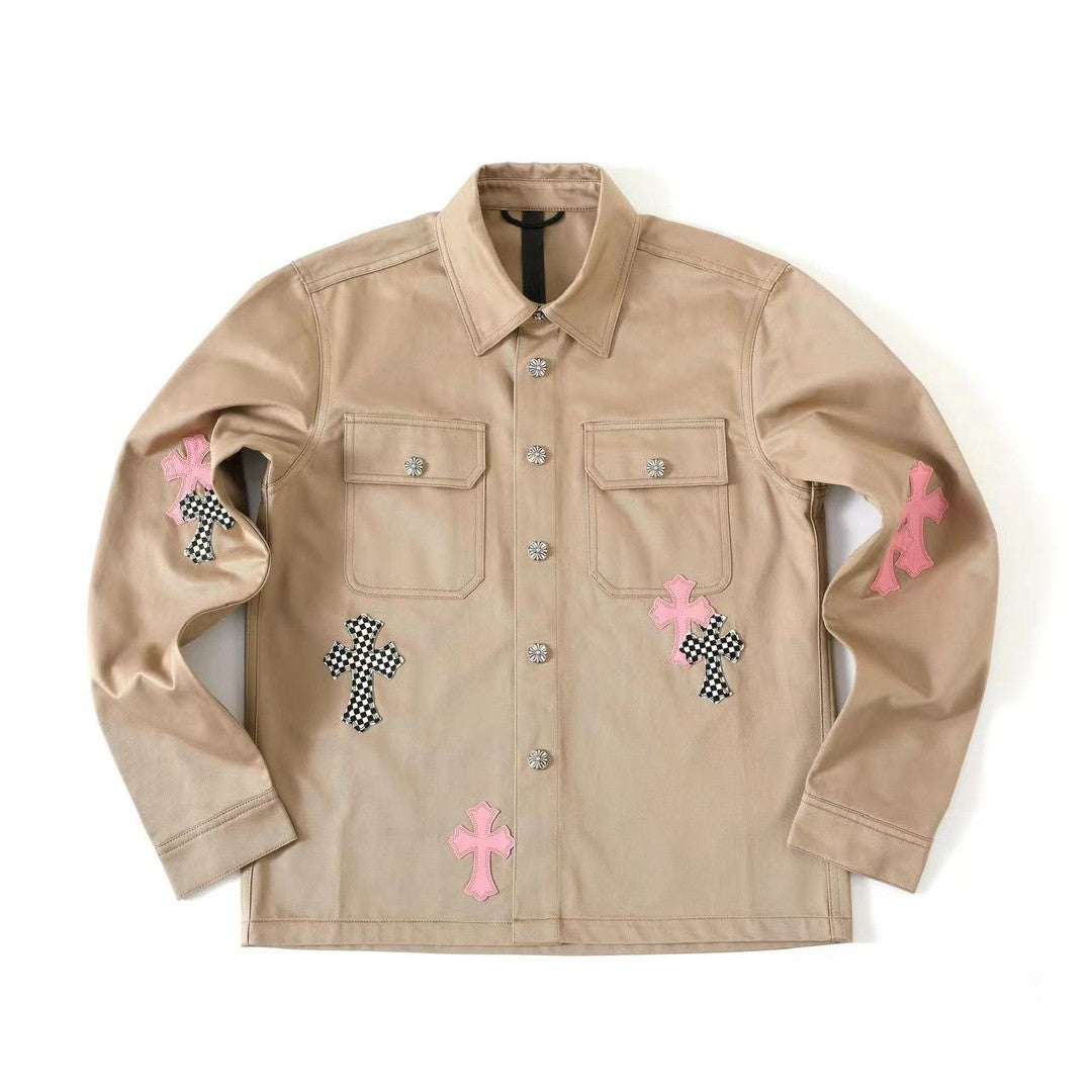Chrome Hearts Men's Spring/Fall Casual Style Checkered Collar Single-Breasted Solid Color Shirt Jacket Set with Relaxed Fit Workwear Pants #78854