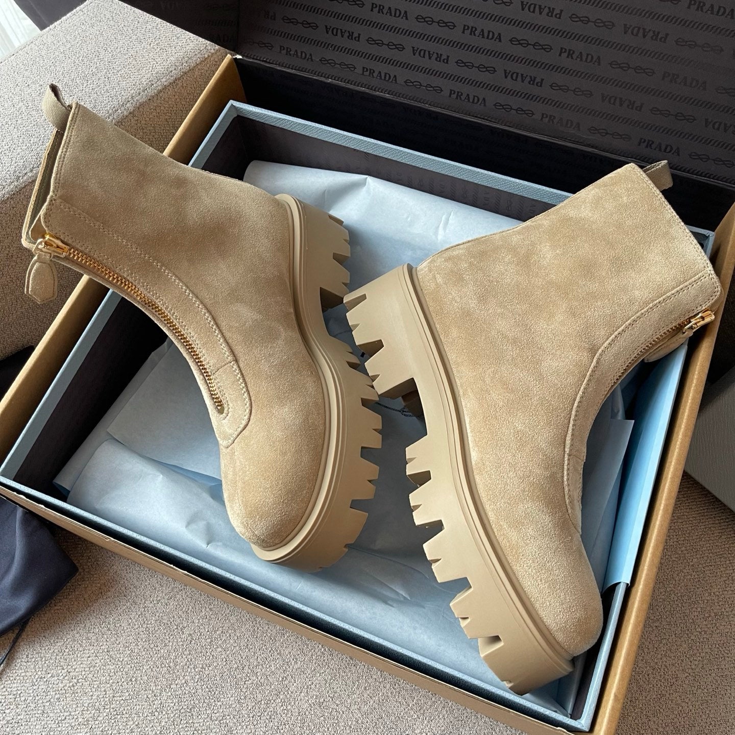 Prada Women's Fall/winter Fashion Classic Round Toe Slip On Suede Chunky Heel 4.5cm Classic Triangle Logo British Style Vintage Short Boots Shoes #79234