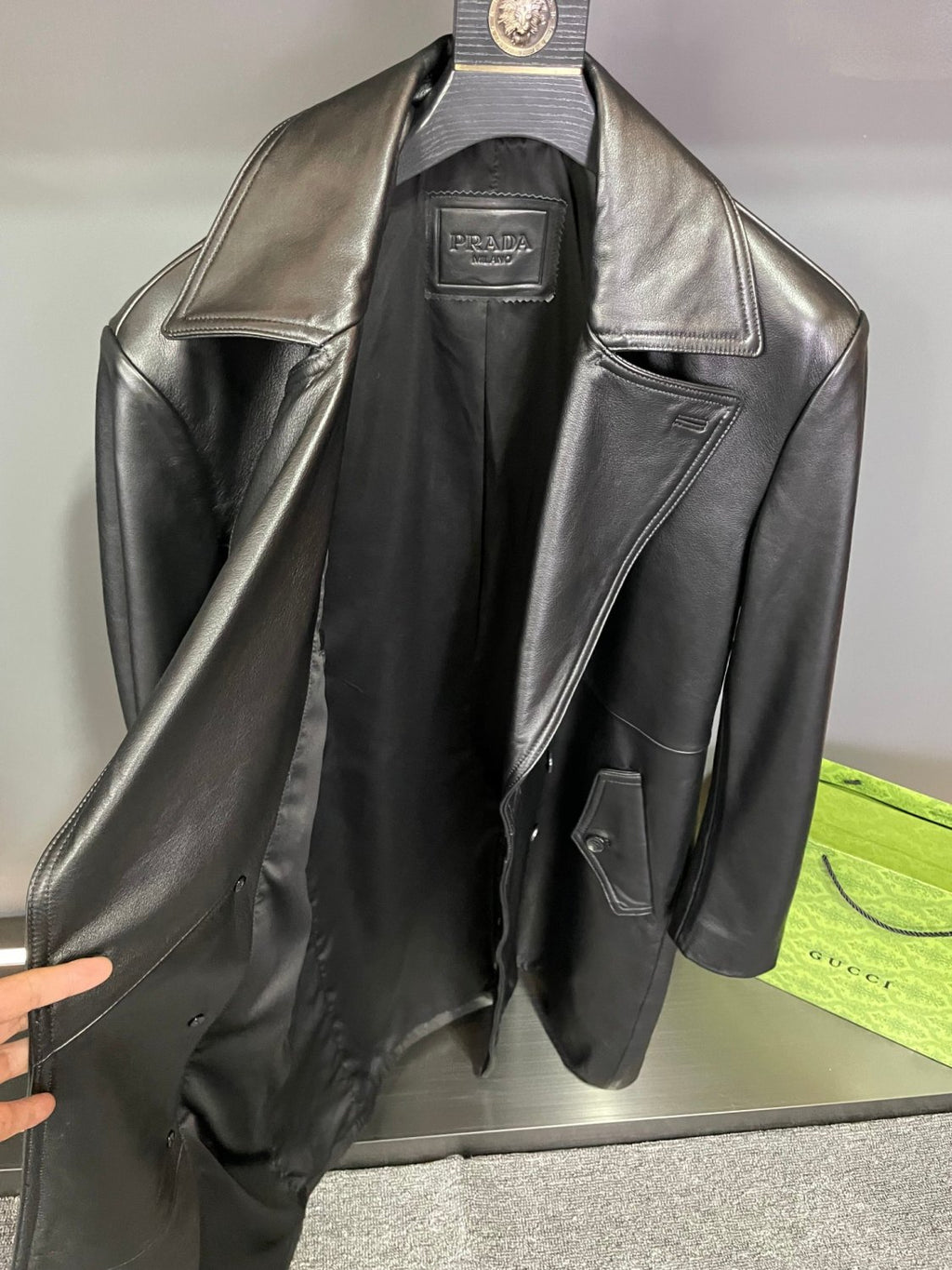 Prada Men's Fall And Winter Fashion Double-Breasted Strap Waist Long Casual Black Long-Sleeved Cowhide Trench Coat Jacket #9297