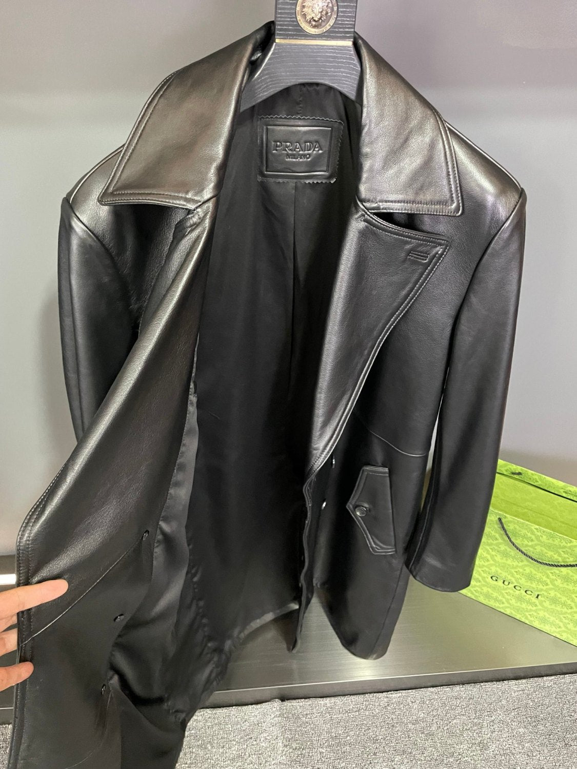 Prada Men's Fall And Winter Fashion Double-Breasted Strap Waist Long Casual Black Long-Sleeved Cowhide Trench Coat Jacket #9297