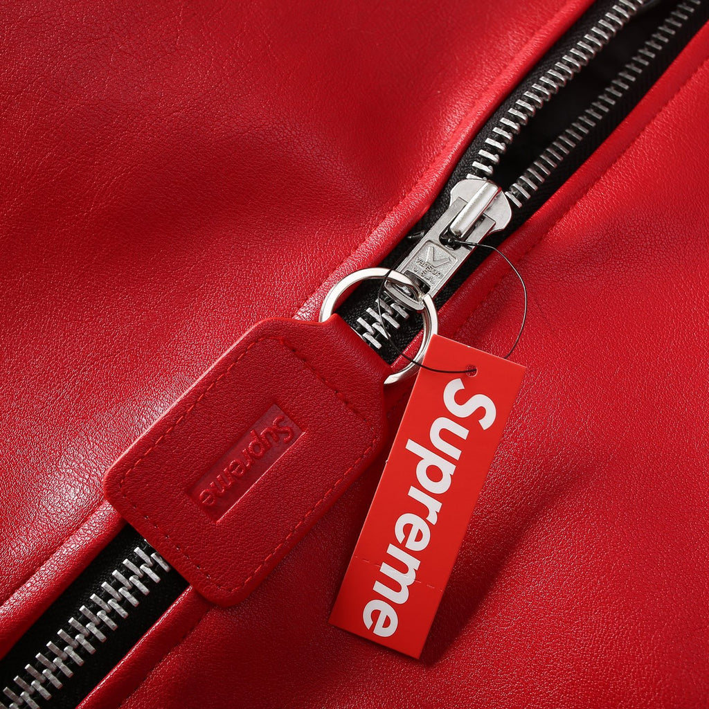 Supreme x Vanson Leathers Men's and Women's Spring and Fall Sleeve Logo Embroidered Patch Zipper Closure Hooded Leather Jacket #75186