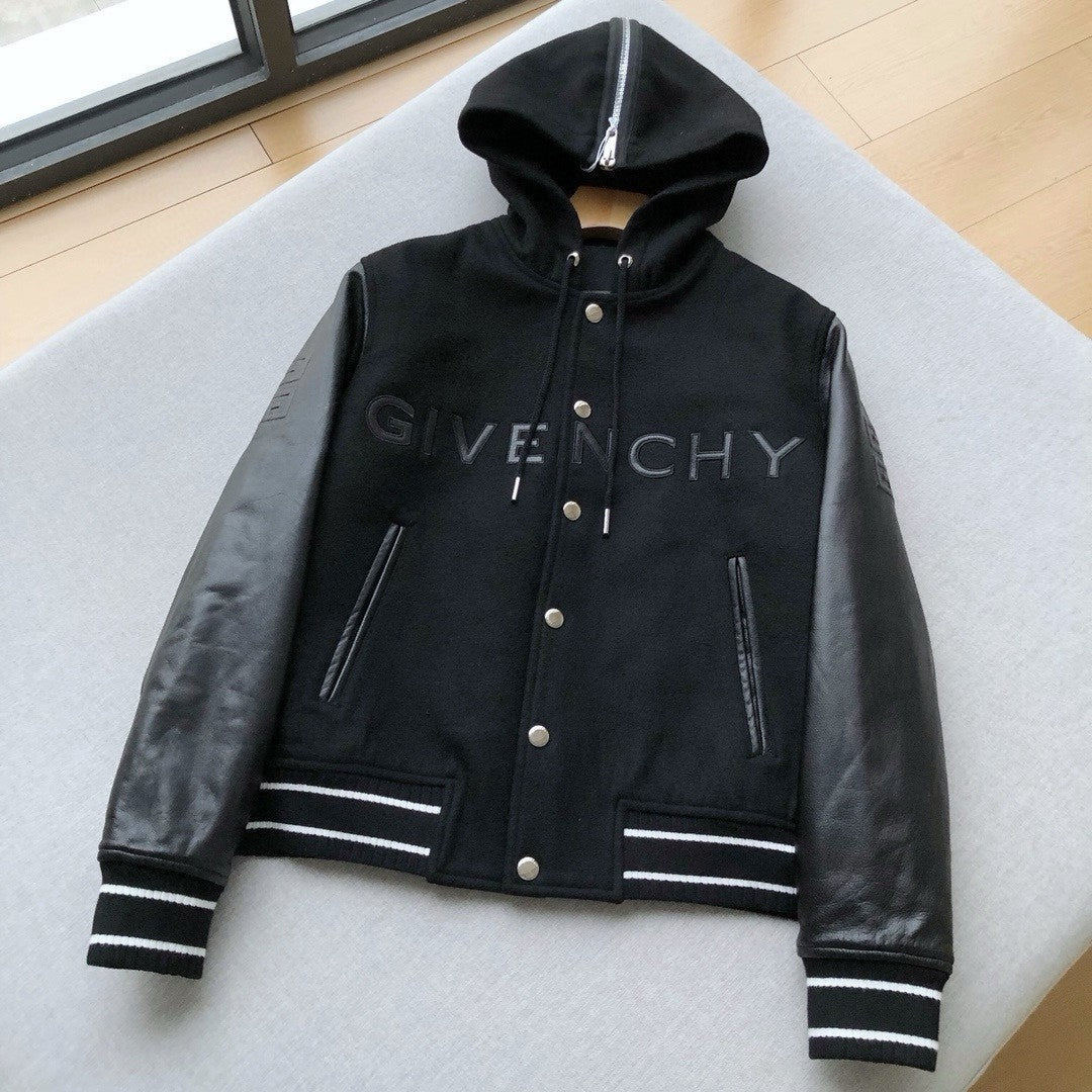 Givenchy Men's Fall/Winter Black Logo Printed Single Breasted Hooded Aviator Jacket #72996