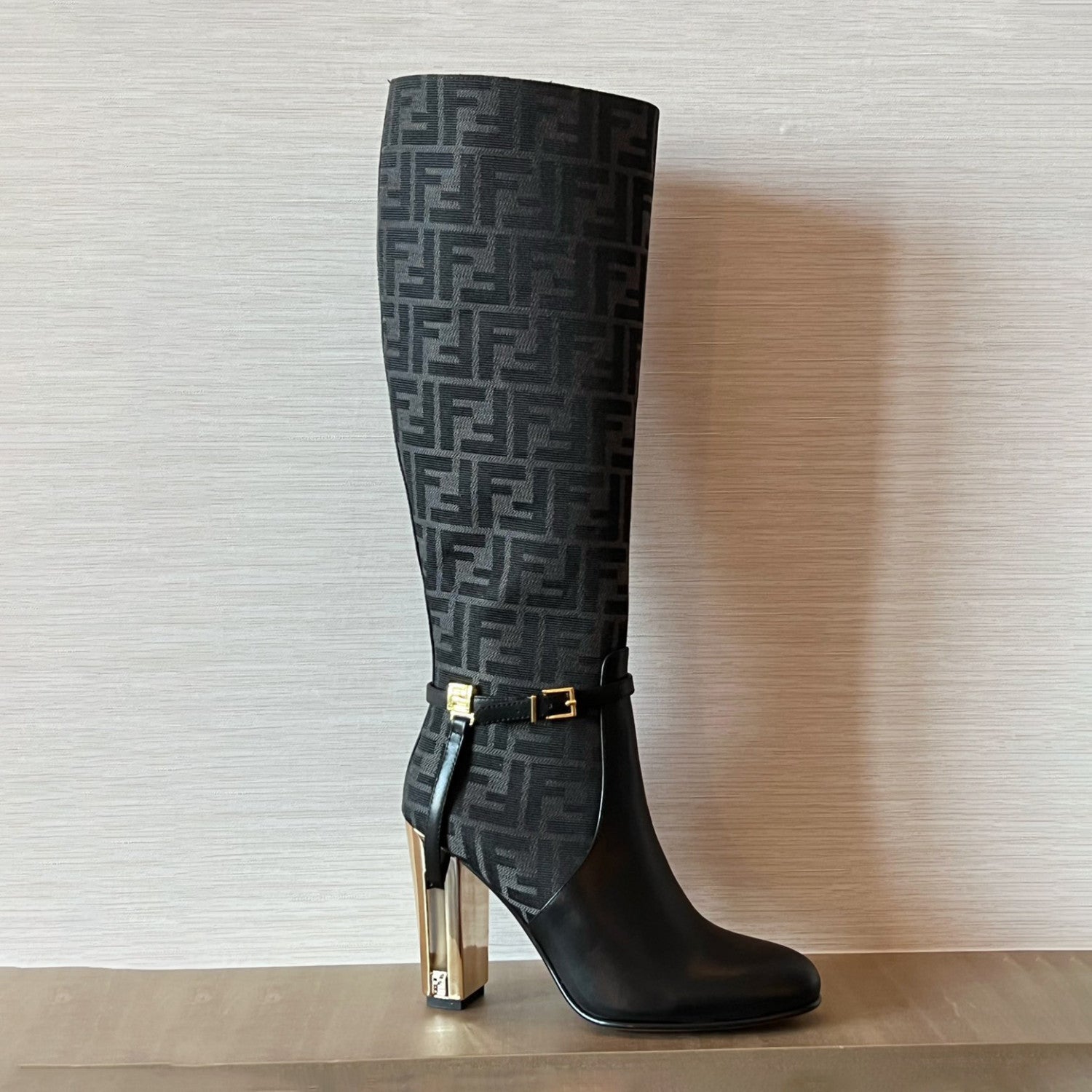 Fendi Women's Fall/Winter Fashion Classic Round Toe Leather FF Jacquard Fabric High Heel Knee High Boots Shoes #79223