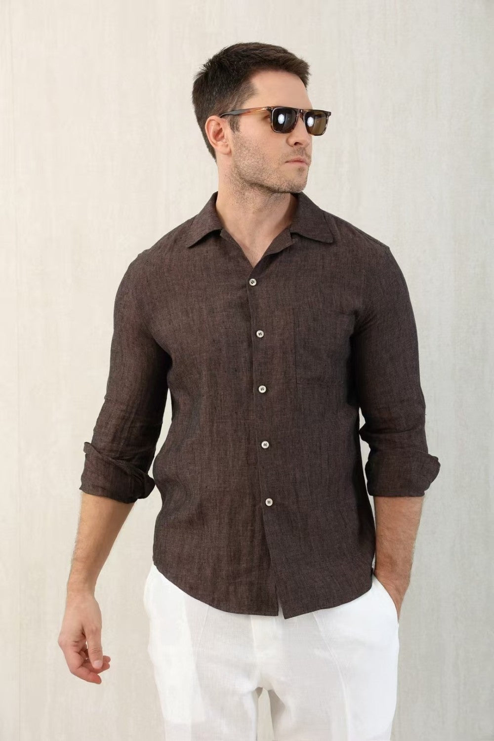 Brunello Cucinelli Men's Linen Easy Fit Shirt with Camp Collar and Chest Pocket Spring And Autumn Solid Color Long Sleeve Top Ngvp #1455