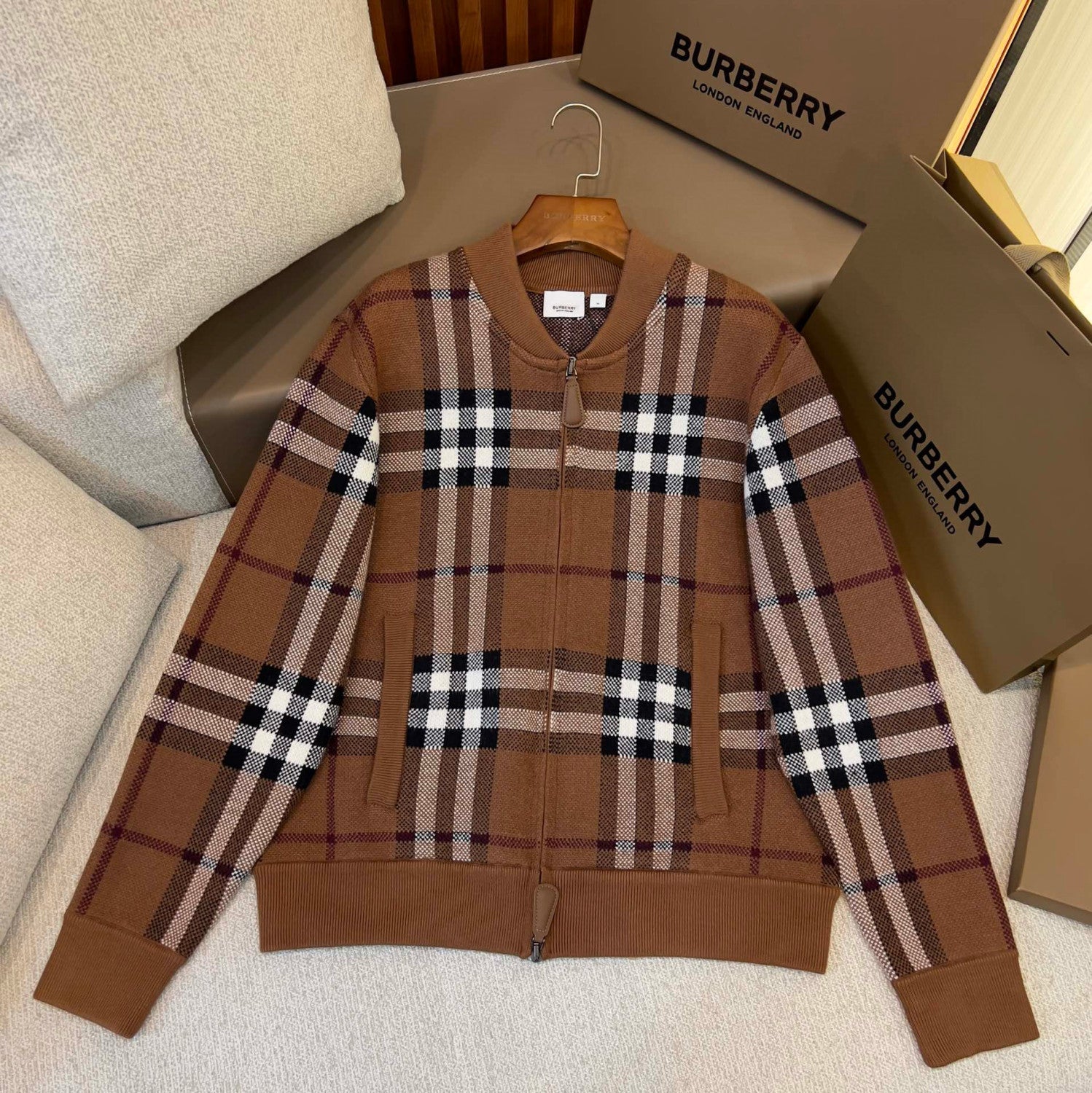Burberry Men's Check Jacquard Wool Cashmere Knit Zipper Long Sleeve Jacket #74818