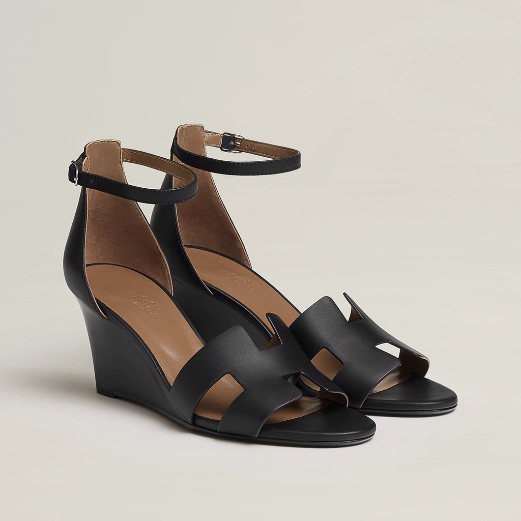 Hermes Legend Women's Solid Color Summer Solid Color Open Toe Buckle Leather Thick Sole High Heel Sandals Shoes #77466