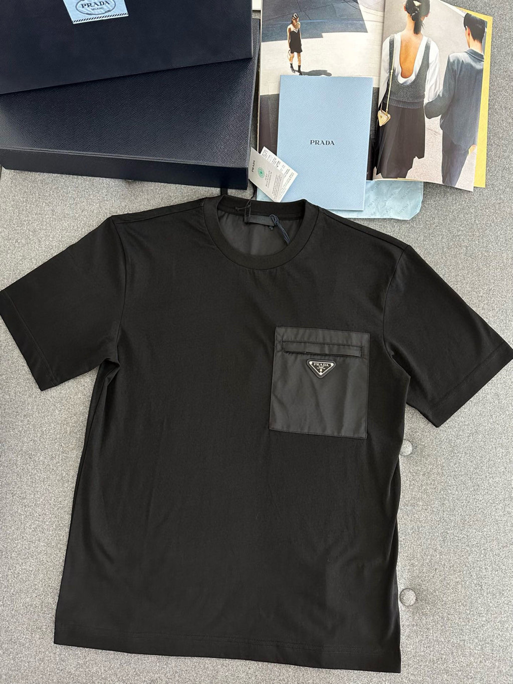 Prada Men's Summer Metal Triangle Label Nylon Pocket Crew Neck Cotton Short Sleeve T-Shirt #98973