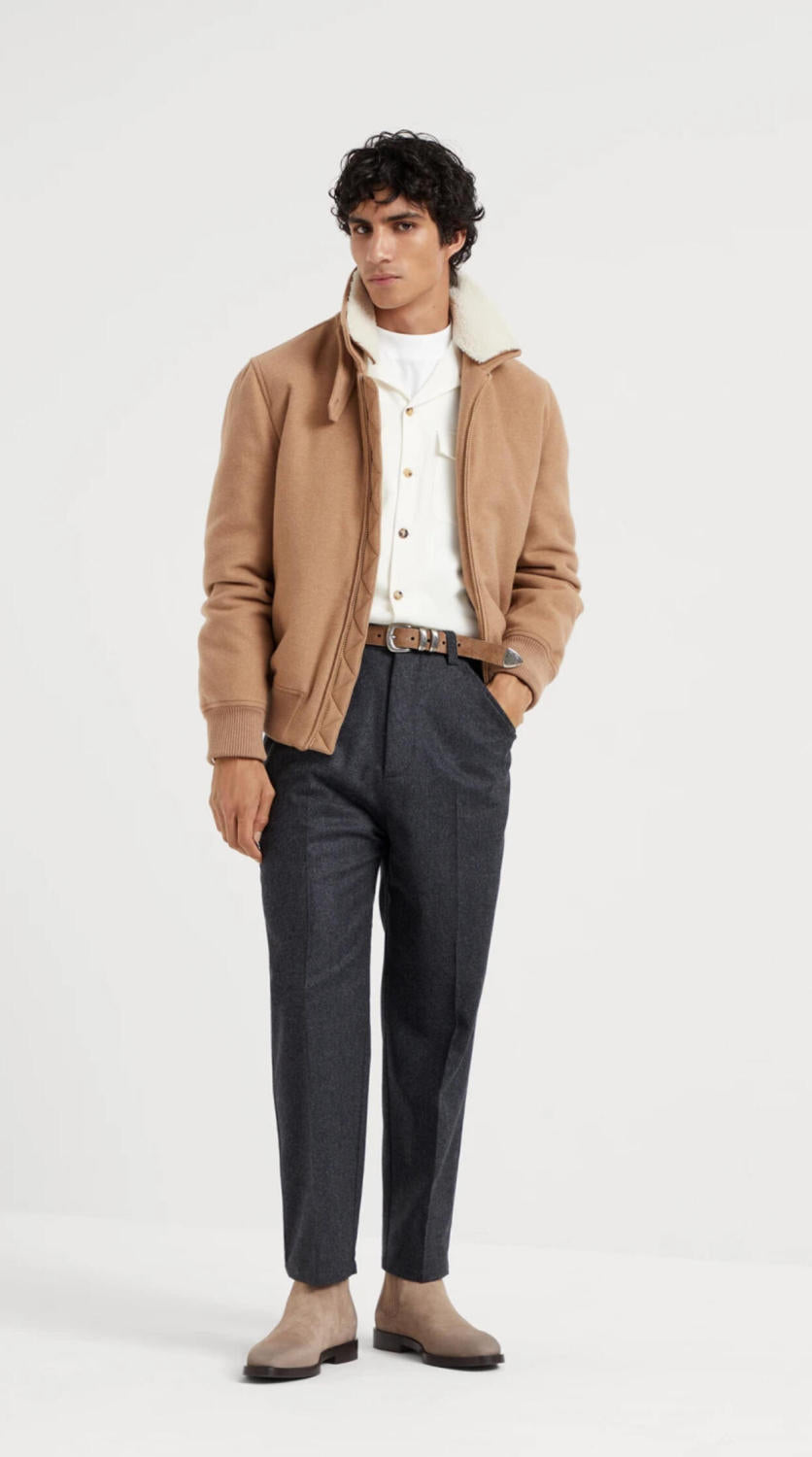 Brunello Cucinelli Men's Spring/Autumn Double-Chain Head Zipper Solid Color Detachable Collar Long Sleeve Pilot Jacket Ngvp #2291