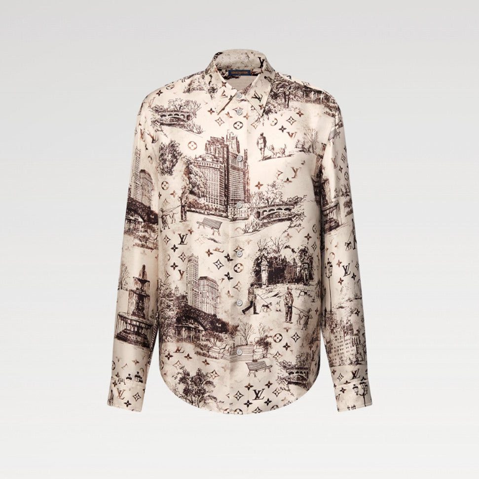 Louis Vuitton Men's Spring. Summer And Fall Logo Full Print Lapel Solid Color Long Sleeve Silk Shirt #71833