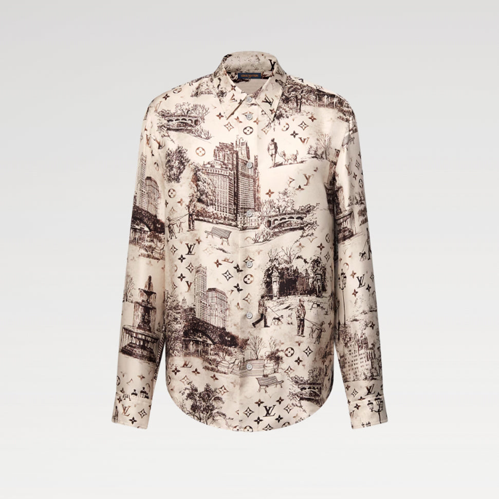 Louis Vuitton Men's Spring. Summer And Fall Logo Full Print Lapel Solid Color Long Sleeve Silk Shirt #71833