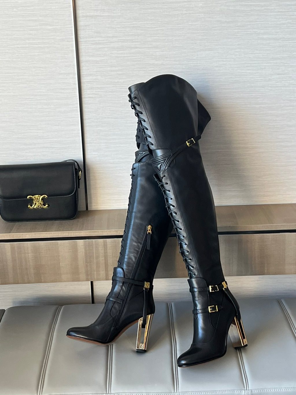 FENDI Women's Classic Solid Color Round-Toe Calfskin Over The Knee Boots For Fall/Winter Shoe #78957