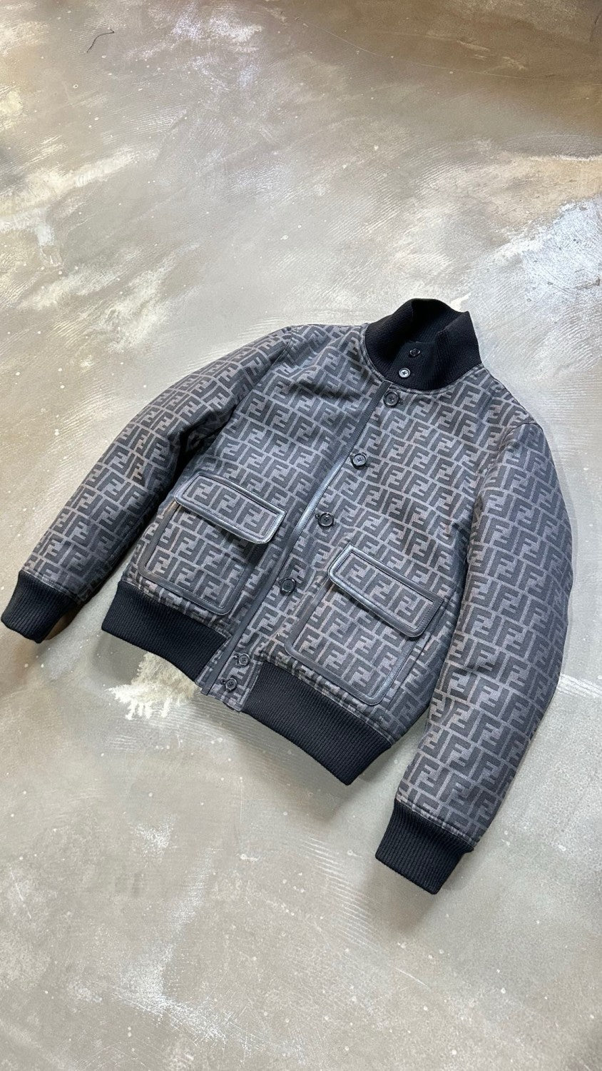 Fendi Men's Blouson FF Jacquard Fabric Winter Logo Printed Single Breasted Zip Jacket #97458