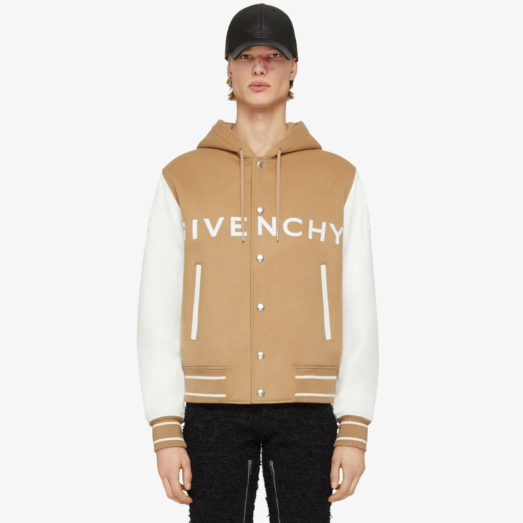 Givenchy Men's Autumn and Winter Color Blocking Single Breasted Wool and Leather Hooded Jacket #98878