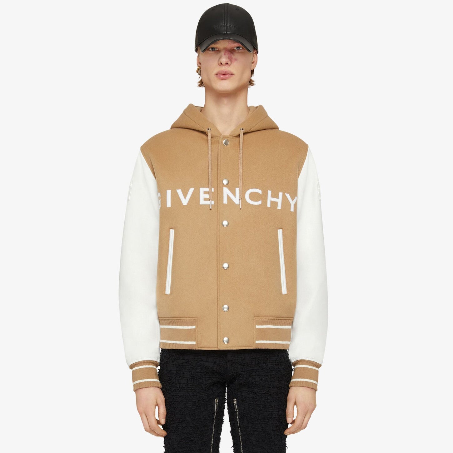 Givenchy Men's Autumn and Winter Color Blocking Single Breasted Wool and Leather Hooded Jacket #98878