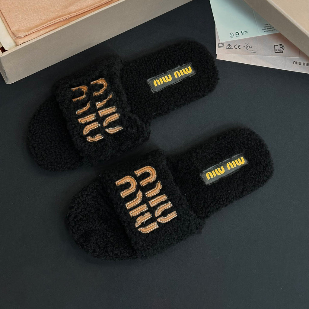 MiuMiu Women's Fall/winter Fashion Casual Round Toe Open Toe Flat Soled Shearling Slippers Shoes#78477
