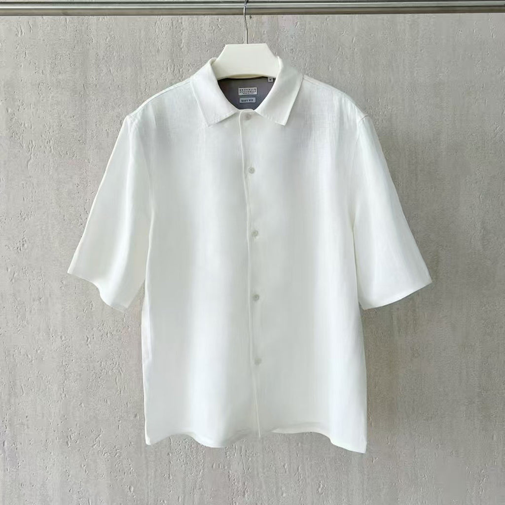 Brunello Cucinelli Men's Linen Loose Summer Single-Breasted Solid Color Lapel Short Sleeve Shirt Ngvp #1454