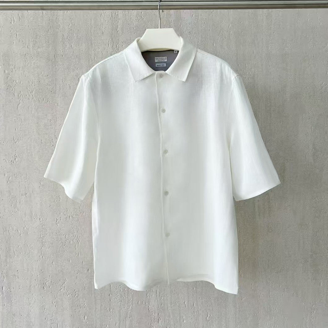 Brunello Cucinelli Men's Linen Loose Summer Single-Breasted Solid Color Lapel Short Sleeve Shirt Ngvp #1454