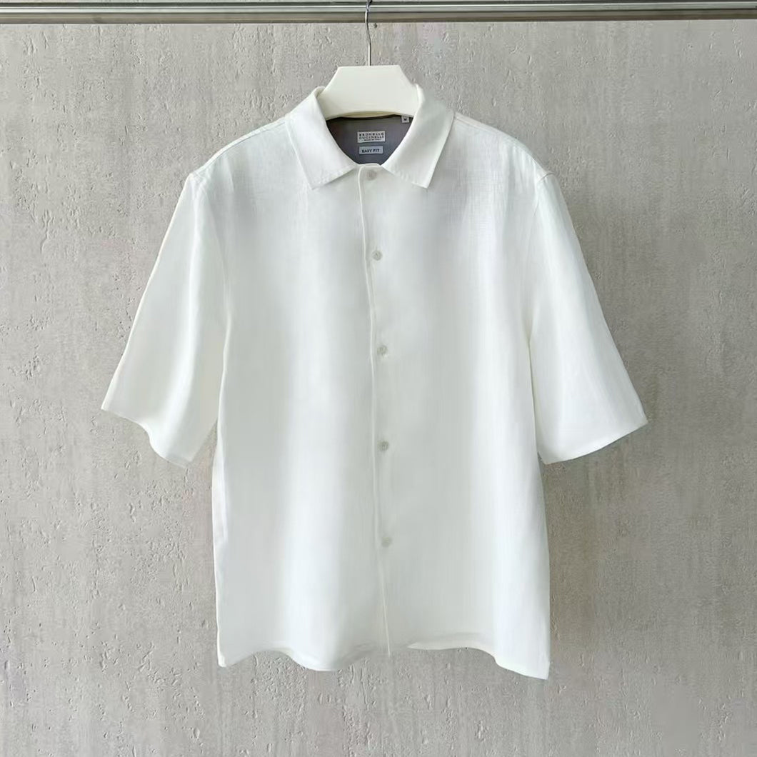 Brunello Cucinelli Men's Linen Loose Summer Single-Breasted Solid Color Lapel Short Sleeve Shirt Ngvp #1454