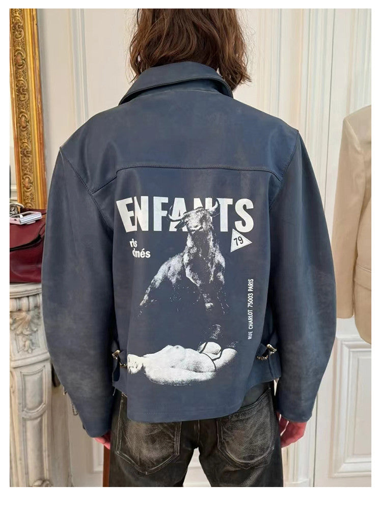 Enfants Riches Deprimes Men's Spring. Autumn And Winter Washed And Aged Crackle Pattern Printed Zipper Solid Color Long Sleeve Cowhide Jacket Ngvp #9337