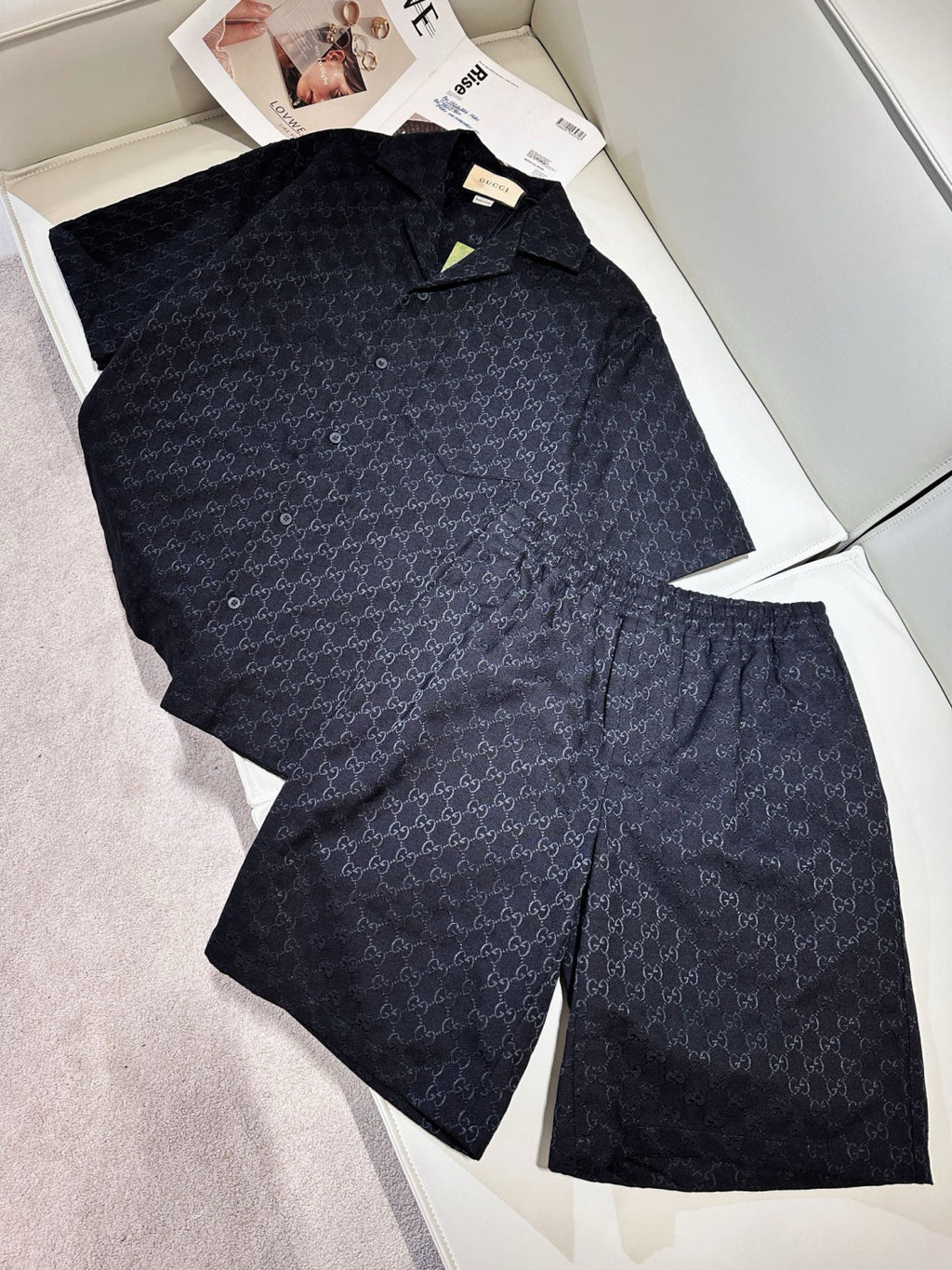 Gucci Men's Summer Black Full Printed Linen Short Sleeve Lapel Cotton Shirt Stretch Shorts Suit Set #98562